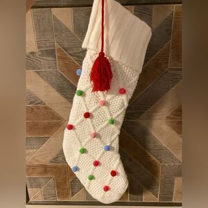 Cream Knitted Christmas Stocking with Pom Pom Design